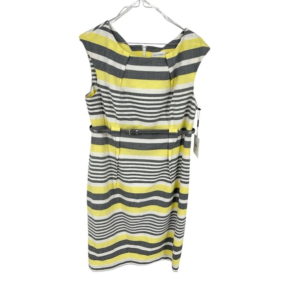 CALVIN KLEIN Belted Sheath‎ Dress Butter Yellow Office Career Size 12 Stretch - Picture 2 of 12
